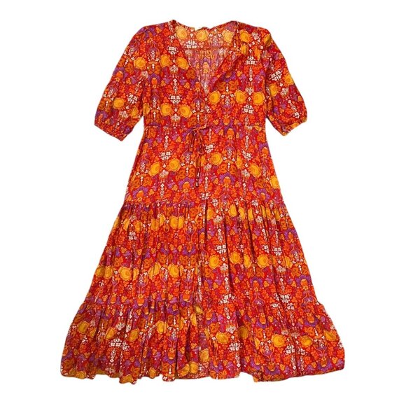 Abel the Label Cottagecore Floral Tiered‎ Midi Dress S Red Fall Prairie Peasant - Picture 3 of 16